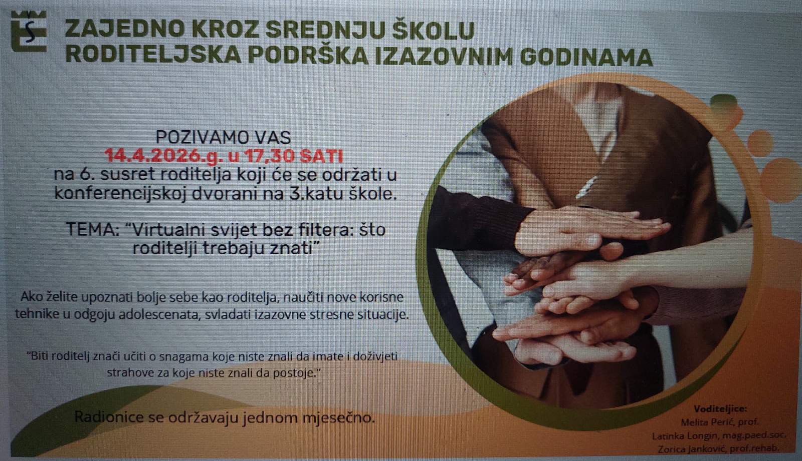 SUSRET RODITELJA – RADIONICA 14.4.2026.